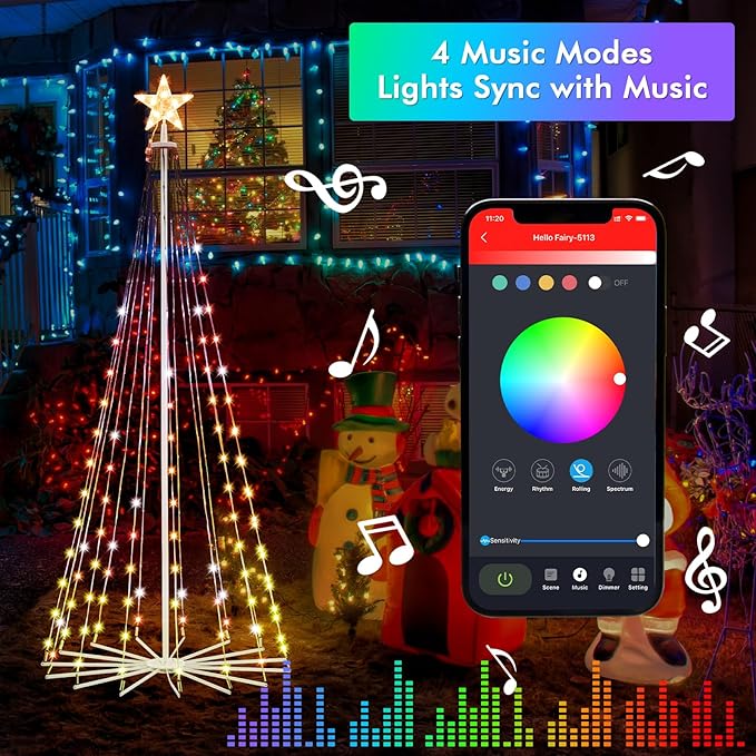 6FT Outdoor Christmas Tree, RGB Color Changing Pre-lit Smart Cone Christmas Tree with LED Lights, App&Remote Control, DIY Multi-Color Lightshow, Music Sync, Christmas New Year Decoration