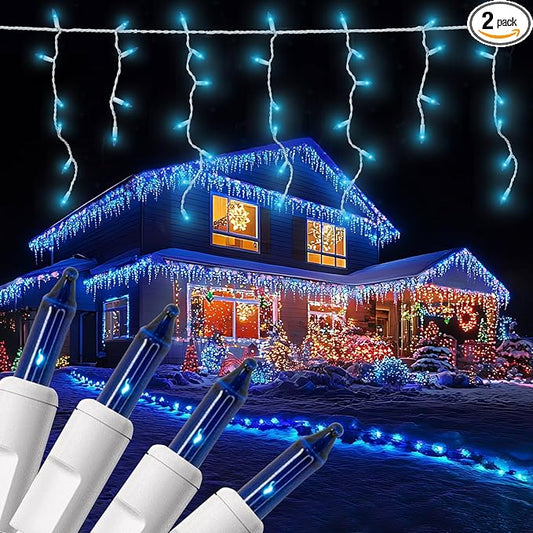 2 Pack New One Icicle Lights - 17.67 FT, 300 Incandescent Blue Drops with White Wire, 3 Connectable Strings, Holiday Party Lights