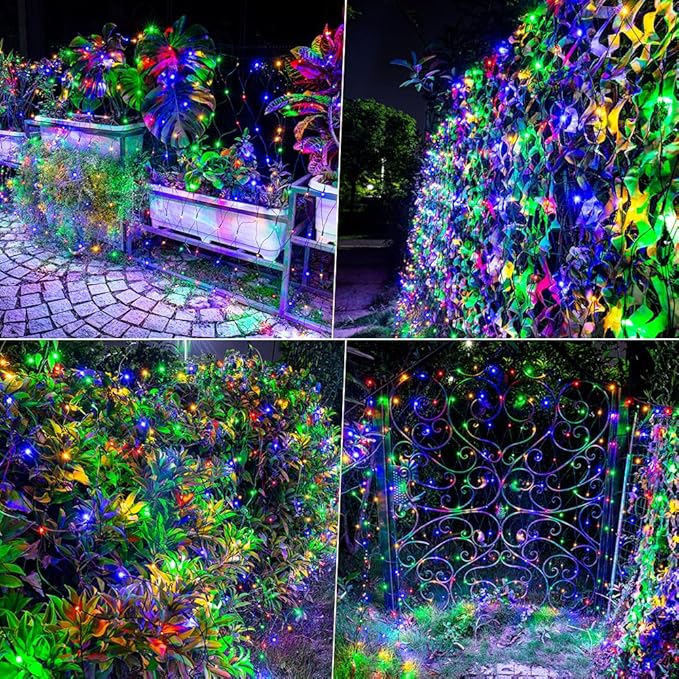 Joomer Color Changing Christmas Net Lights, 12ft x 5ft 360 Bush Mesh LED Lights Connectable, Timer, Waterproof for Bushes, Garden, Outdoor Christmas Decorations (Green Wire -Warm White to Multicolor)