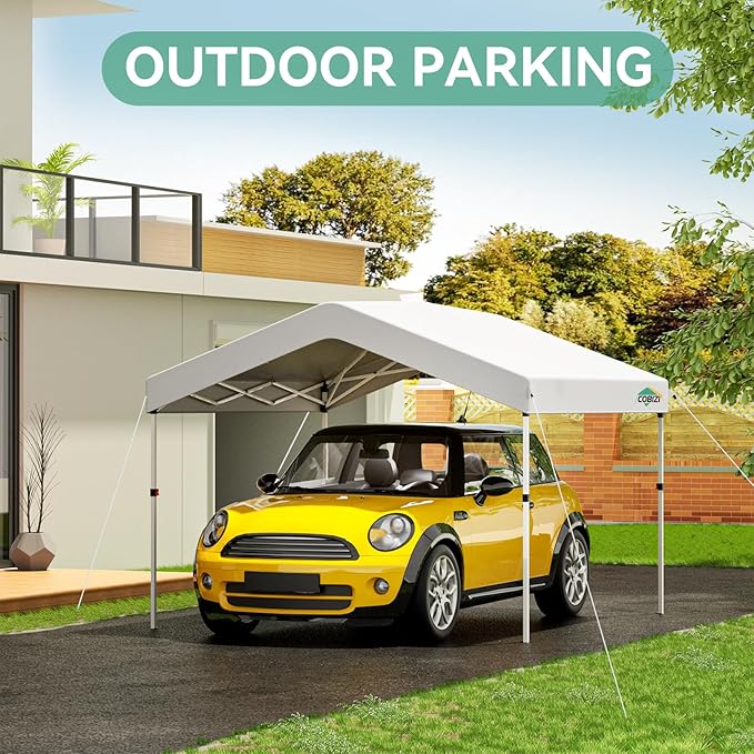 COBIZI 10x10 Pop Up Canopy with One Button Push Center Lock,Ez Up Portable Carport with 1 sidewall,Waterproof UV50+ Outdoor Party Commercial Carport Canopy Gazebos with Carry Bag(10 x 10 ft White)