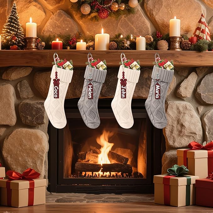 Christmas Stockings 18 Inches,Long Knitted Stocking with Name Tags, Christmas Decoration Hanging Stockings Fireplace Xmas Tree Ornaments for Home Family