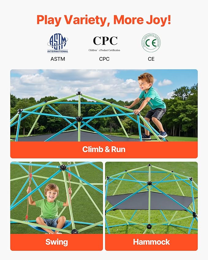 VEVOR Climbing Dome, 10FT Geometric Dome Climber with Swing & Hammock, 1000LBS Loading Kid's Jungle Gym Playground, Easy-Assembly Outdoor Backyard Climbing Equipment for Boys Girls 3 to 10 Years Old
