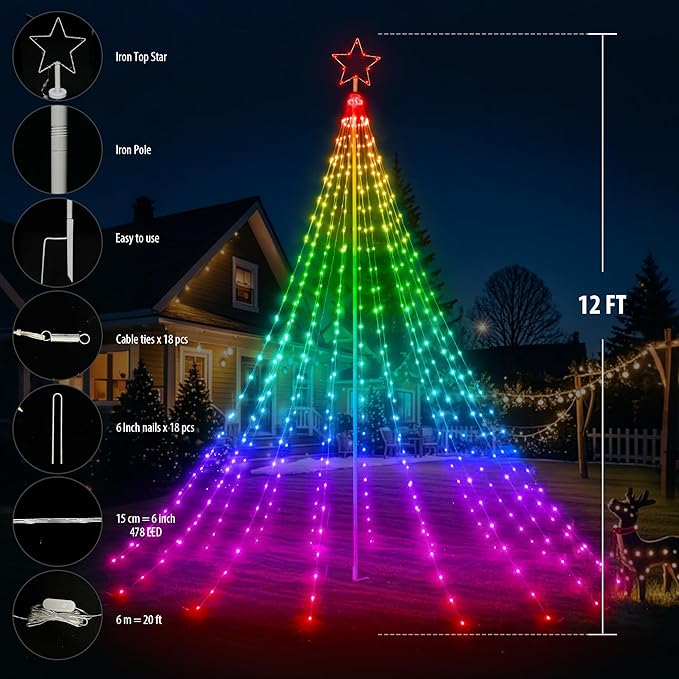 Probro 12FT Outdoor Christmas Tree Lights with Iron Pole, 468 LED RGB Color Changing, APP and Remote Control, IP65 Waterproof, 85+ Lighting Modes for Yard Holiday Xmas Party Outside Decorations