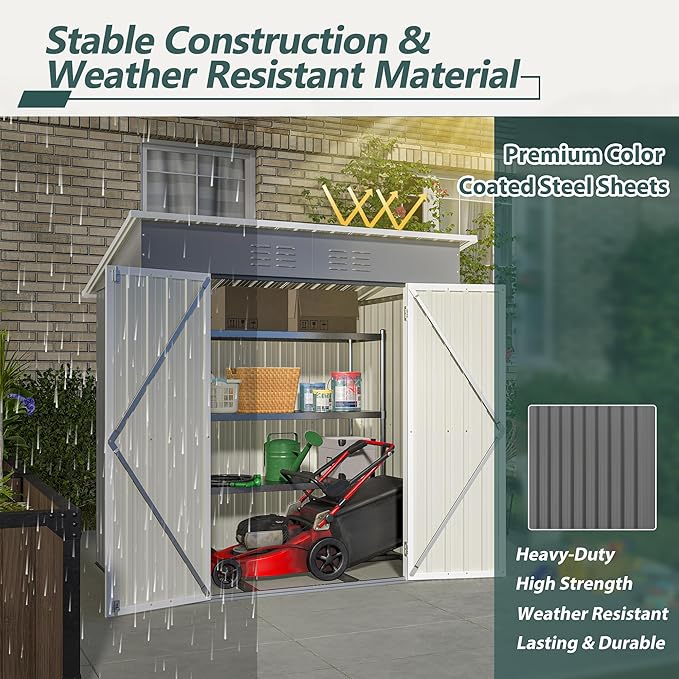 6x4 FT Outdoor Metal Storage Shed with Frame Floor & Sloping Roof, Lockable Double Door, Weatherproof Steel Garden Shed for Tools, Lawn Equipment & Patio Supplies