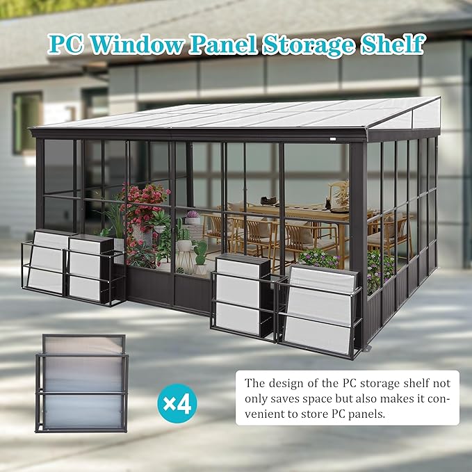 12' x 14' Patio Sun Room Kit, Outdoor Lean-to Enclosed Gazebo, Wall Mounted Solarium, All Season Sunroom Against The Wall with Removable Polycarbonate Roof/Windows, 2 Lockable Sliding Doors