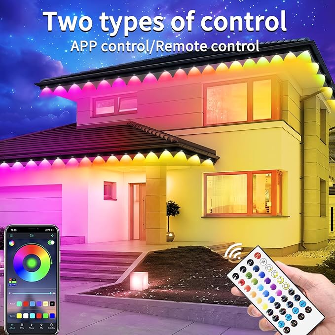 150ft Permanent Outdoor Light, RGB Smart Outdoor eave Lights with APP & Remote Control,timed Music synchronisation IP67 Waterproof LED eave Light,Suitable for Party,Halloween,Christmas,Rooftop,Garden