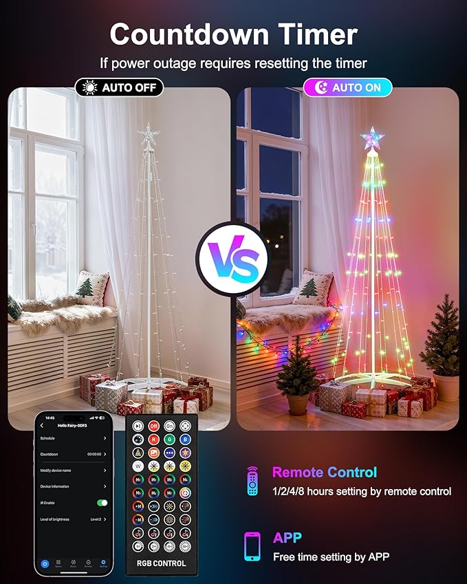 2 Pack Smart Christmas Cone Tree Light - 5FT 130 LED & 6FT 154 LED Artificial Tree with Star Topper, Music Sync, DIY RGB Light Show for Indoor/Outdoor Decorations