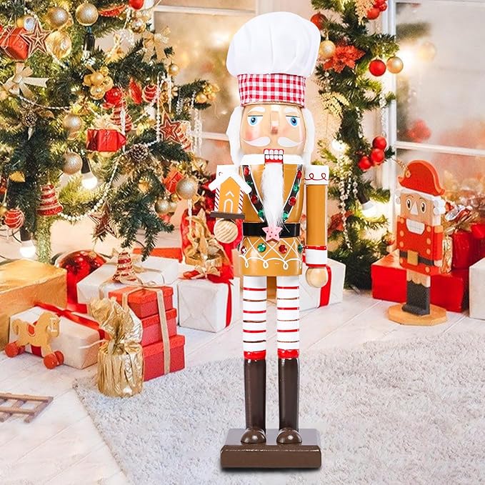 Christmas Nutcracker Decoration - 15 Inch Wooden Gingerbread House Soldier Figure for Table Desktop Home Christmas Decor Xmas Indoor Decor Cook