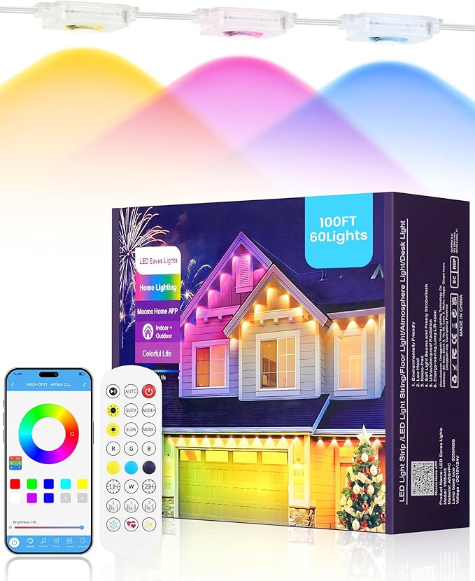 Permanent Outdoor Lights, 100 FT RGB & White Eaves Light with 60 LED Lights, App/Remote Control, IP65 Waterproof Christmas String Lights for Daily, Festival, Party, Holiday Decor W02EL05