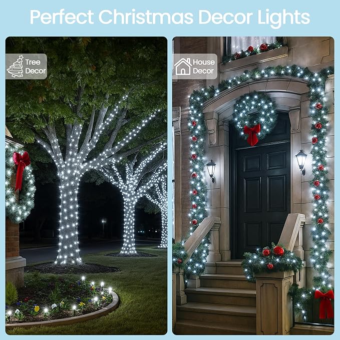 4 Pack 180FT Solar Christmas Lights Outdoor Waterproof, Super Bright 320 LED Solar String Lights with 8 Lighting Modes, Green Wire Solar Twinkle Fairy Lights for Outside Tree Xmas Party(Cool White)