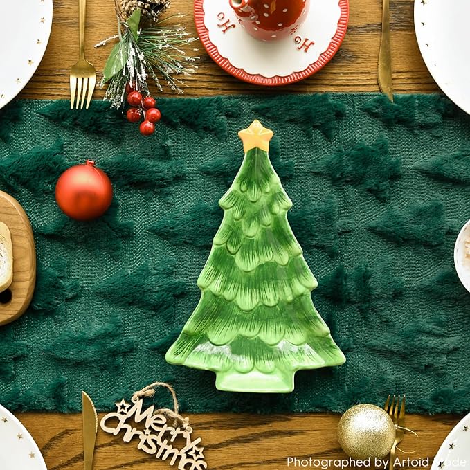 Artoid Mode Christmas Trees Green Soft Plush Faux Fur Jacquard Christmas Table Runner, Holiday Kitchen Dining Table Decoration for Home Party Decor 13x60 Inch