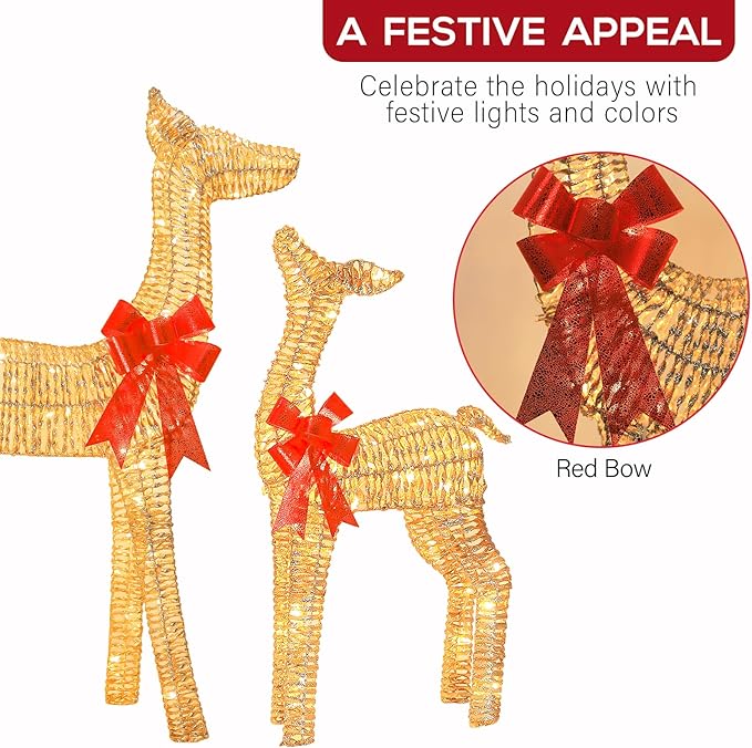 Hykolity 3.5 FT 3D Lighted Outdoor Christmas Reindeers, 2-Piece Light Up Christmas Deers with 130 Warm White LED Lights, Outdoor Reindeer Yard Decoration with Stakes, Zip Ties, Gold