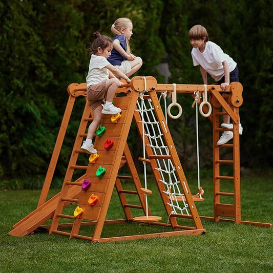 Avenlur 8-in-1 Small Indoor/Outdoor Playset ? Foldable Wooden Kids Play Set for Backyard ? Kid Playground for Toddlers Age 2?6 with Slide, Monkey Bars, 2 Ladders, 2 Swings, Rock Climbing, Gym Rings