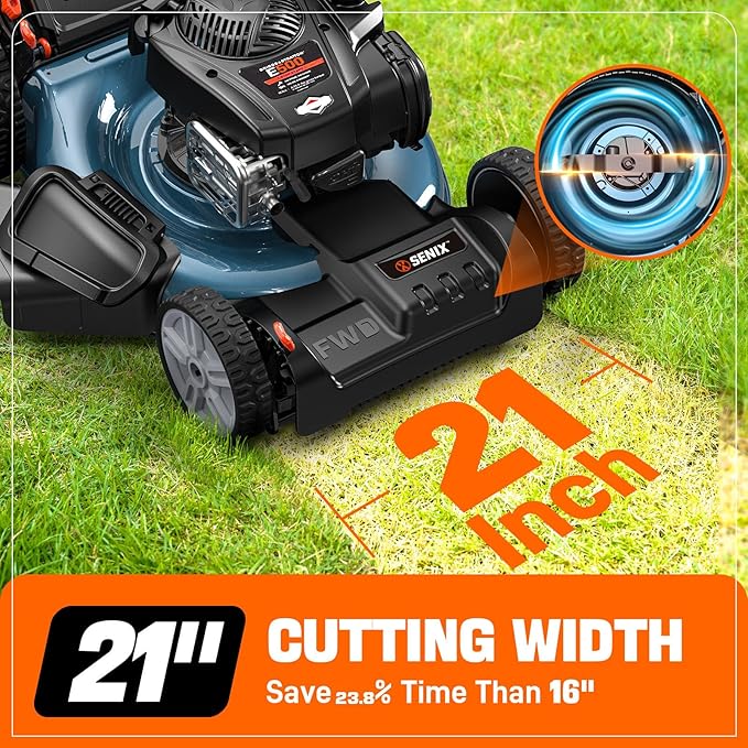SENIX Self Propelled Gas Lawn Mower 21''- 140 cc 4-Cycle Briggs & Stratton Engine, 3-in-1 Bagging, Mulching, and Side Discharge, 6 Heights Adjustment, Gas Lawn Mower