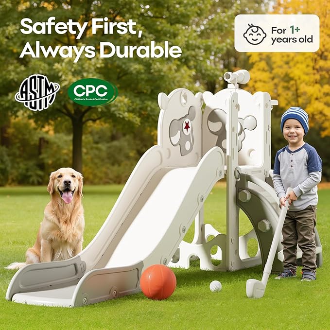 Mloong 6 in 1 Toddler Slide - Kids Slide for Toddlers Baby 1-3 Years Old, Indoor and Outdoor with Basketball Hoop Upgraded Golf for Kids Easy Assembly Pegasus Design (Beige & Gray)(28×62×39in)