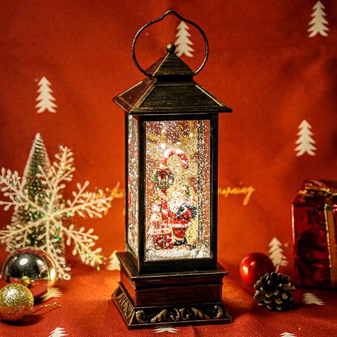 Christmas Musical Snow Globe Lantern, 12 Inch Spinning Glittering Lantern with 6 Hours Timer, USB Powered & Battery Operated for Christmas Decorations (Santa Claus and Candy Cane)