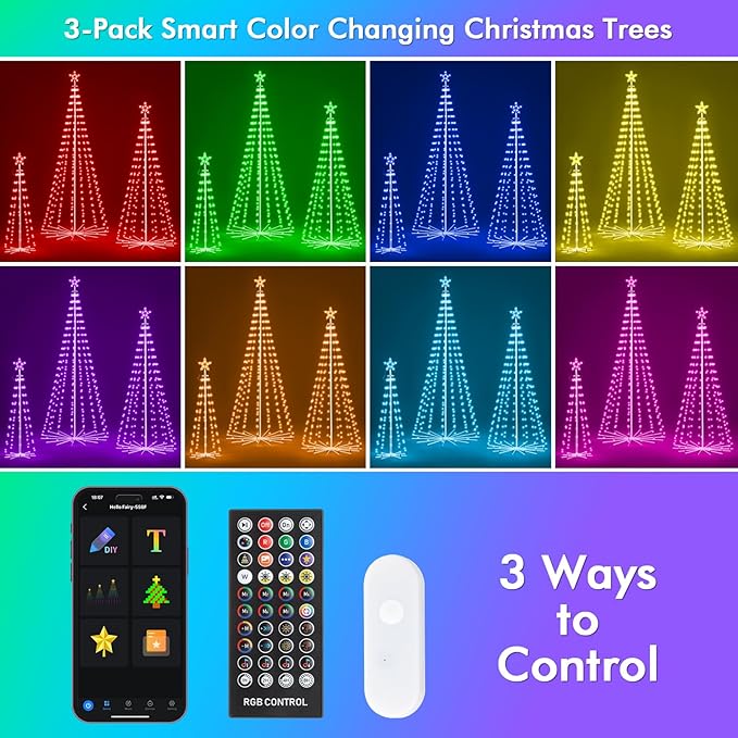 Outdoor Christmas Tree, 3-Pack RGB Color Changing Pre-Lit Smart Cone Christmas Tree with LED Lights, App & Remote Control, Multi-Color Lightshow, Christmas New Year Decoration(4FT&6FT&8FT)