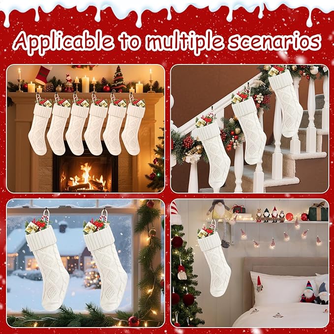 Christmas Stockings 18 Inches,Long Knitted Socks Christmas Decoration Hanging Stocking Fireplace Xmas Tree Stocking for Home Family（6 White）