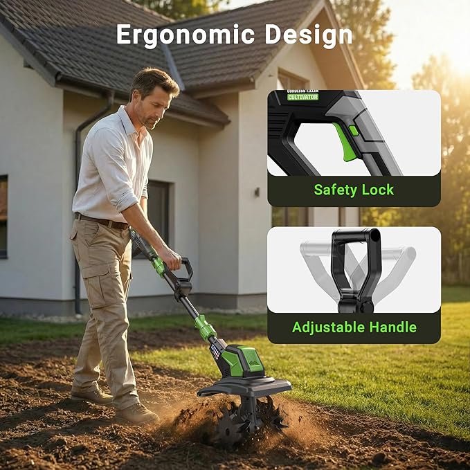 20V Cordless Tiller Cultivator, Lightweight 360RPM Electric Garden Tiller with 2 * 2.0Ah Batteries, 9 Width, 6.6 Depth, 48 Steel Tines Mini Rototiller for Weeding, Gardening & Soil Cultivation Green