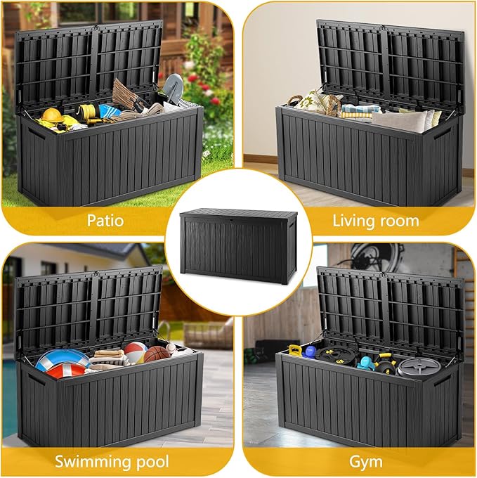 Mersco 200 Gallon Double-Wall Resin Deck Box - Lockable Waterproof Outdoor Storage Box, 1000lbs Capacity & Doubles as Seating for Patio Furniture - Garden Tools, Pool Accessories (Black)