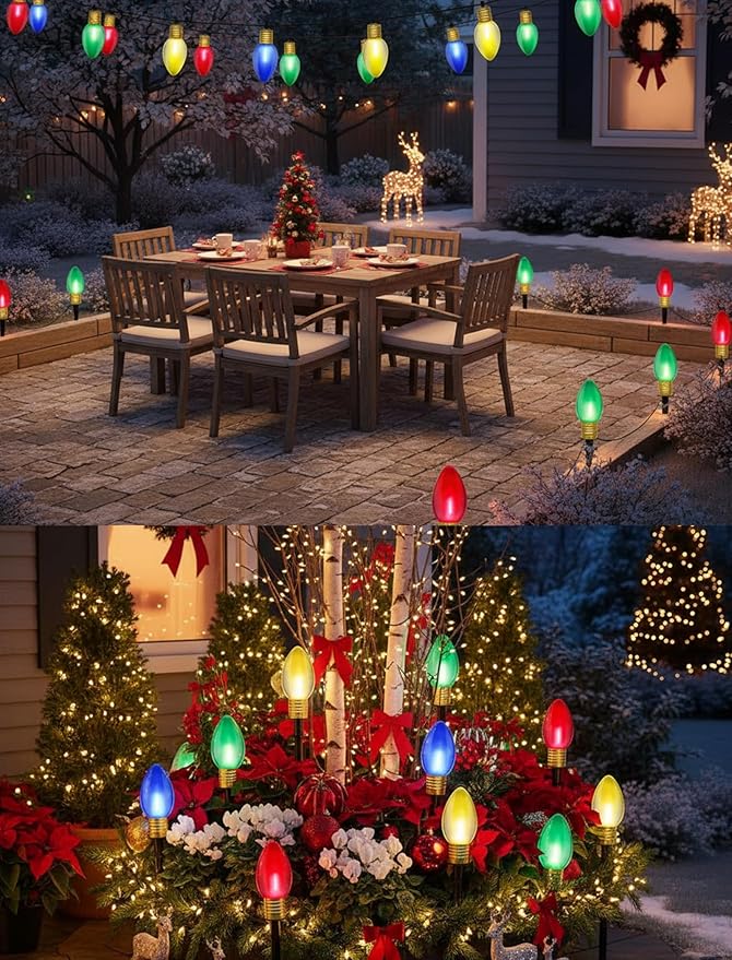Christmas Lights Jumbo C9 Outdoor Lawn Decorations with Pathway Marker Stakes, 2 Pack 7 Feet String Lights with Transparent Multicolored Light Bulb for Holiday Outside Yard Garden Decor, 8 Lights