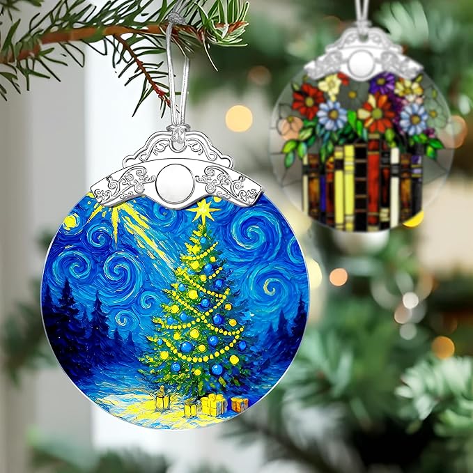Starry Night Stained Glass Ornament, Christmas Ornaments – Christmas Tree Ornament, Holiday Decor, Xmas Stocking Stuffers, Gift Idea, Gifts for Art Lover, Coworker, Friend, and Family - Xmas Tree