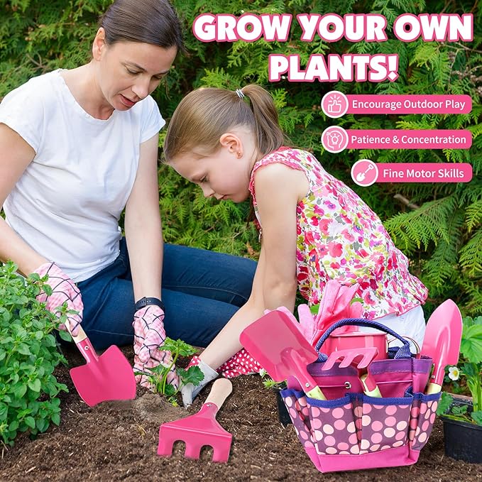 Kids Gardening Tools Set, Toddler Play Kit Child Outdoor Toy with Gloves, Watering Can, Metal Shovel, Rake, Spade & Storage Bag, Backyard Sand Digging Birthday for Boys Girls 3 4 5 (Pink)