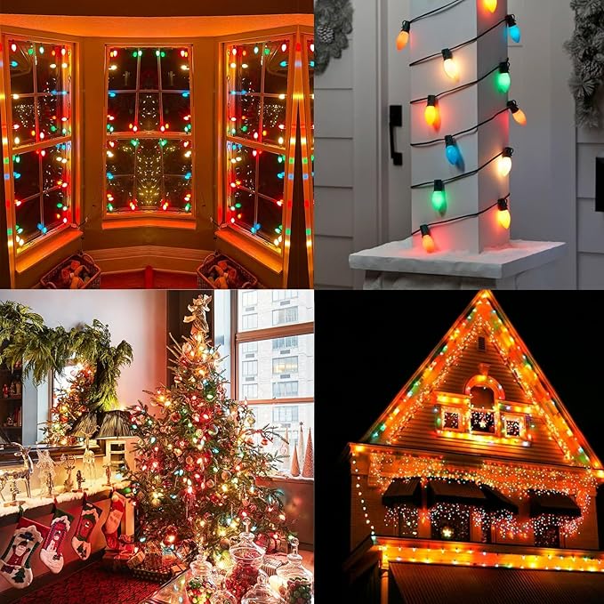 C9 Multicolor Christmas Lights Outdoor, 25Ft Vintage Christmas String Lights with 26 Colorful Ceramic Bulbs, Hanging Patio Lights for Outdoor Roofline Christmas Tree Garden Pathway Decor, Green Wire