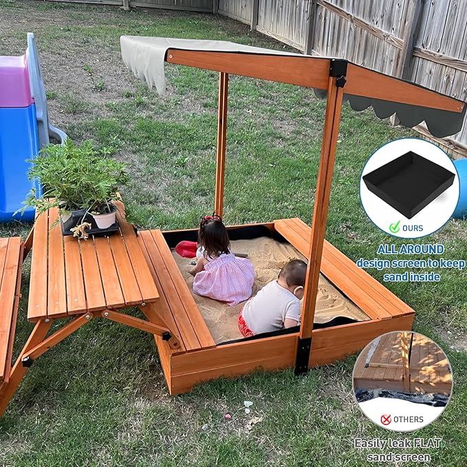 Wooden Kids Sandbox with Lid, Outdoor Sand Box with Picnic Table, Sandpit with Cover Canopy for Aged 3-8 Years Old, Adjustable Roof Bottom Liner