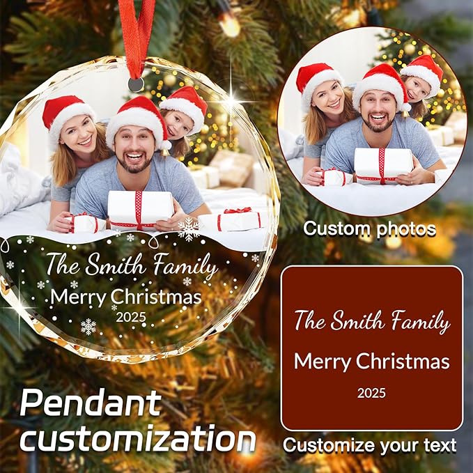 Personalized Crystal Ornament - Custom Photo Christmas Ornament with Text & Date, Customizable Holiday Keepsake Gift for Family, Mom, Dad, Couple, Friends - Elegant Christmas Tree Decoration