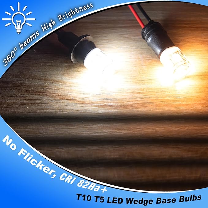 T5 T10 Wedge Base LED Landscape Lights, Daylight White 6000K Low Voltage AC/DC 12-24V, 2 Watts Equivalent 11W 18W Incandecent Bulbs for Camper RV Marine Boat Path Lawn Malibu Lighting, 6 Pack
