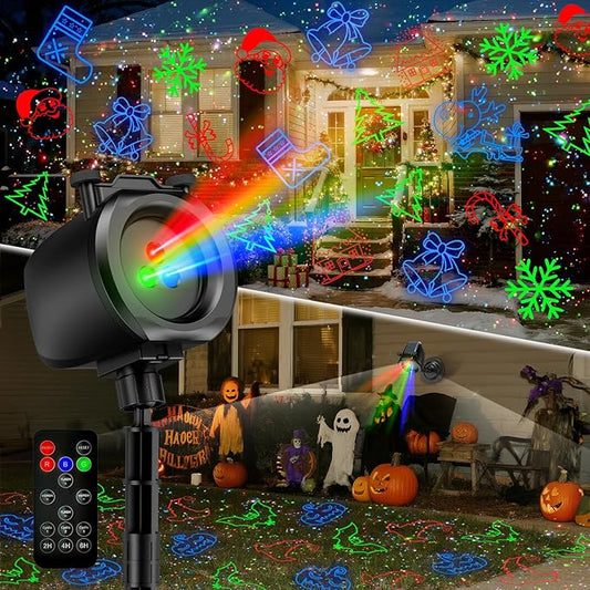 Christmas Lights Projector Outdoor, 2-in-1 Holiday Light Projector with 4 Slides & 8 Brighter HD Patterns, Moving RGB Firefly Effects Light for Christmas Decorations, Halloween, Yard & Garden