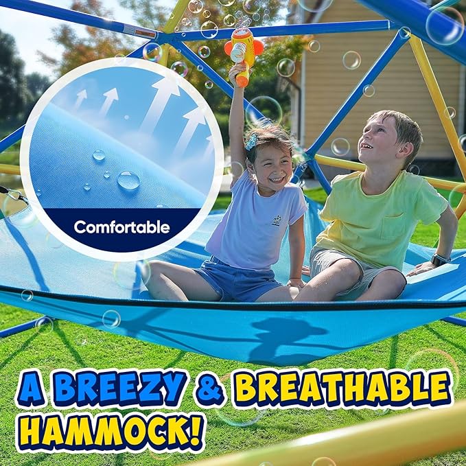 Zupapa 10FT Climbing Dome with Hammock, Outdoor Jungle Gym for Kids, Geometric Dome Climber Supporting 1000LBS Outdoor Play Equipment, Yellow&Blue