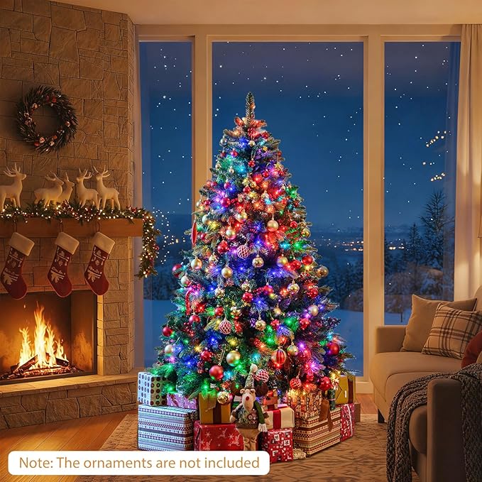 GOFLAME 6FT Pre-lit Artificial Christmas Tree, Hinged Xmas Tree with Remote and App Control, 370 Color & Mode Changing RGB Lights, Timer, 1054 Branch Tips, Pine Cones and Red Berries