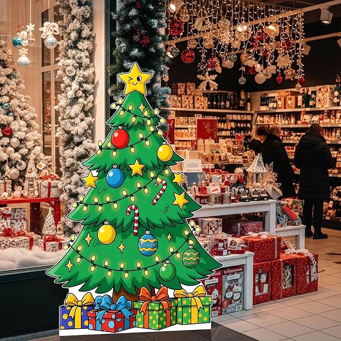 Christmas Tree Cardboard Cutouts, 4mm Corrugated Plastic Standee Decorations, Indoor Outdoor Xmas Yard & Party Décor, Photo Booth Prop, 3FT, Style 2
