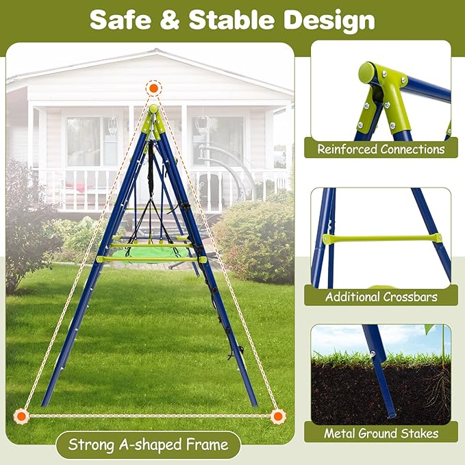 Costzon Swing Sets for Backyard, 6 in 1 Heavy-Duty Metal Swing Set with 2 Swings, Glider, Basketball Hoop, Climbing Ladder and Net, Playground Sets for Backyards, Outdoor Playset for Kids 3+ (Green)