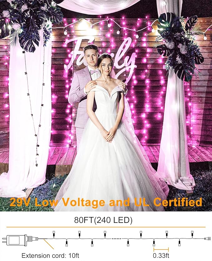 Pink Christmas Lights Outdoor, 80FT 240 LED Christmas Tree Lights Waterproof Plug in, 8 Modes Connectable Christmas Decorations Green Wire for Indoor Bedroom Tree House Holiday