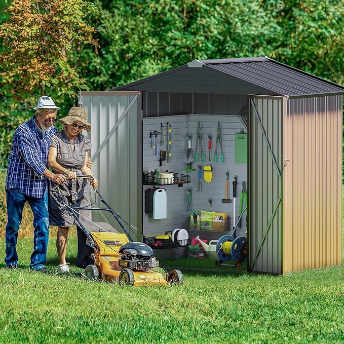 Furniwell 6x4 FT Outdoor Storage Shed, Metal Garden Sheds Outdoor Storage House with Single Lockable Door for Backyard Patio Lawn, Brown