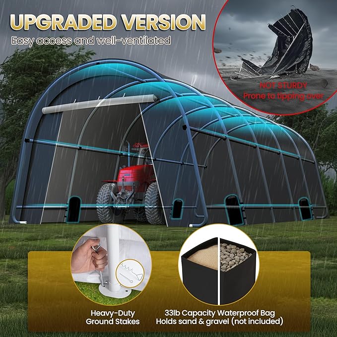 Wisteria Lane Heavy Duty Carport with 4 Cloth Bags, All-Weather Car Canopy with 2 Roll-up Doors, Portable Garage Storage Shelter Shed for Boat, Truck, or Garden Tools, 12' x 25'