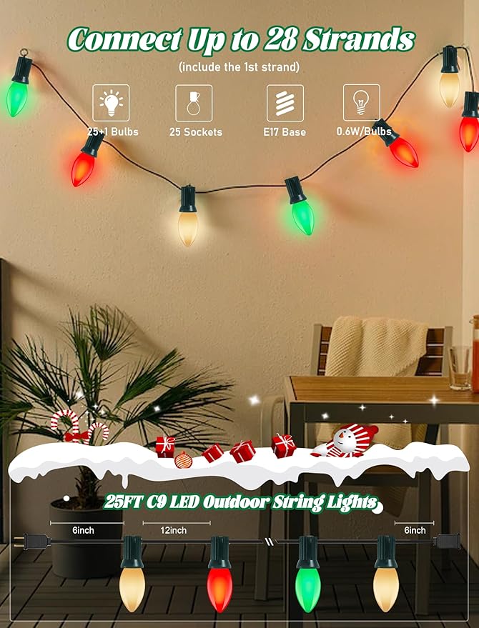 C9 LED Christmas Lights Outdoor 25Ft Outdoor Christmas Decorations String Lights Waterproof with 26 C9 LED Red White and Green Bulbs, Hanging Vintage Christmas Light for Garden Party Pathway Roofline