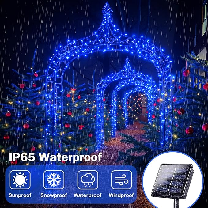 4 Pack 180FT Solar Christmas Lights Outdoor Waterproof, Super Bright 320 LED Solar String Lights with 8 Lighting Modes, Green Wire Solar Twinkle Fairy Lights for Outside Tree Xmas Party Garden(Blue)