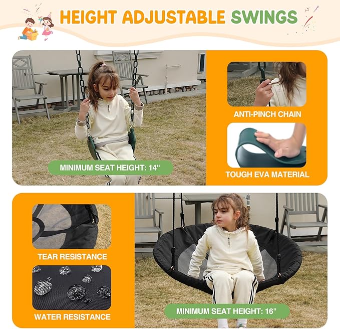 700 lbs Swing Set Outdoor for Kids with Saucer Swing and Belt Swing, Metal Swingset with 3 Frame Stand and Adjustable Rope, Heavy Duty 8FT Sets for Backyard Playground, Ages 3+