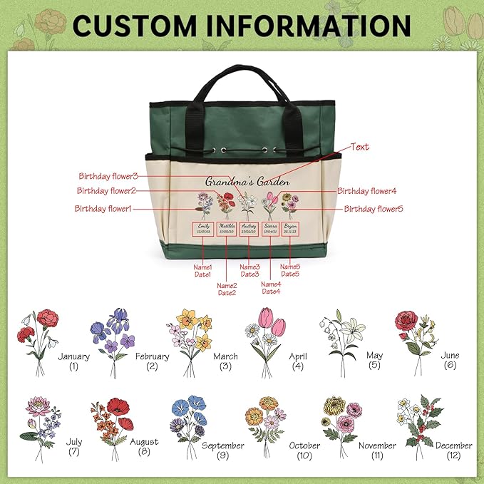 Personalized Garden Tools Set for Women: Custom Text Garden Tool Bag and Garden Shovel & Transplant Shovel & Hand Rake - Gardening Gifts for Mom Grandma Gardening Lover (5 Flowers)