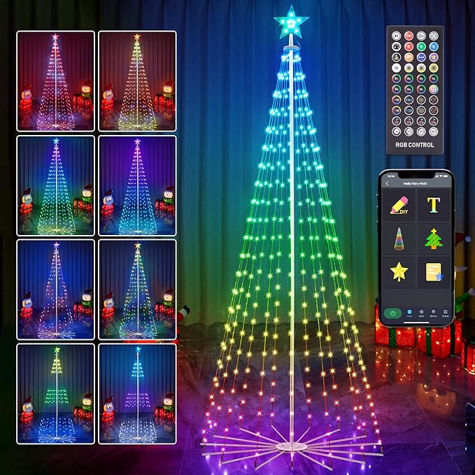 8FT Outdoor Christmas Tree, RGB Color Changing Pre-lit Smart Cone Christmas Tree with LED Lights, App & Remote Control, DIY Multi-Color Lightshow, Music Sync, Christmas New Year Decoration