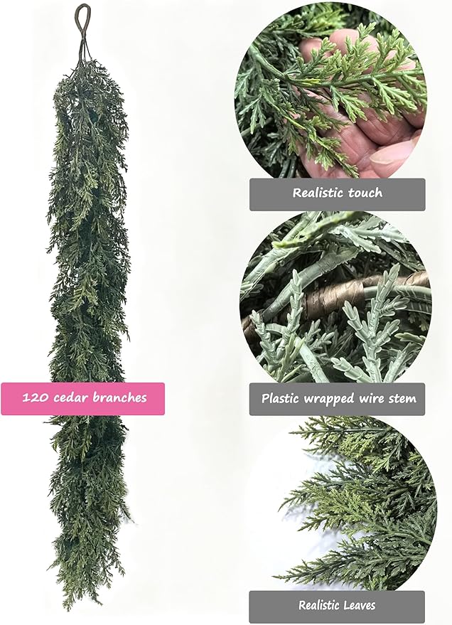 Christmas Cedar Garland Artificial Realistic 6ft Mantle Faux Pine Garlands Realistic Cypress Greenery for Indoor Outdoor Stairs Railing Fireplace Mantle Door Decor(1Pcs)