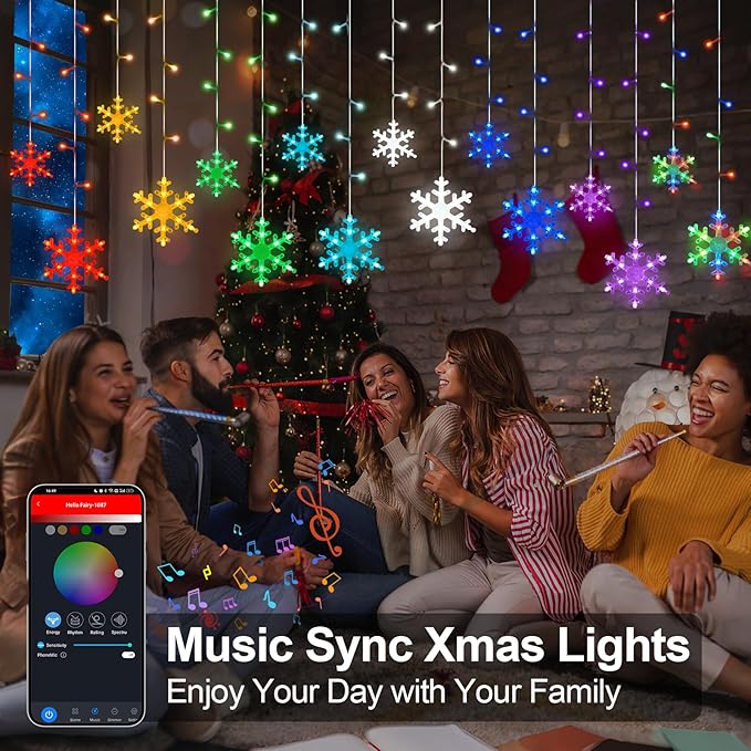 Smart Christmas Snowflake Icicle Lights, 16.4FT 192 LED 16 Drops, APP Remote Control Plug in 16 Million Colors, Curtain Lights Connectable, Xmas Decorations with Timer & Music Sync for Indoor Outdoor