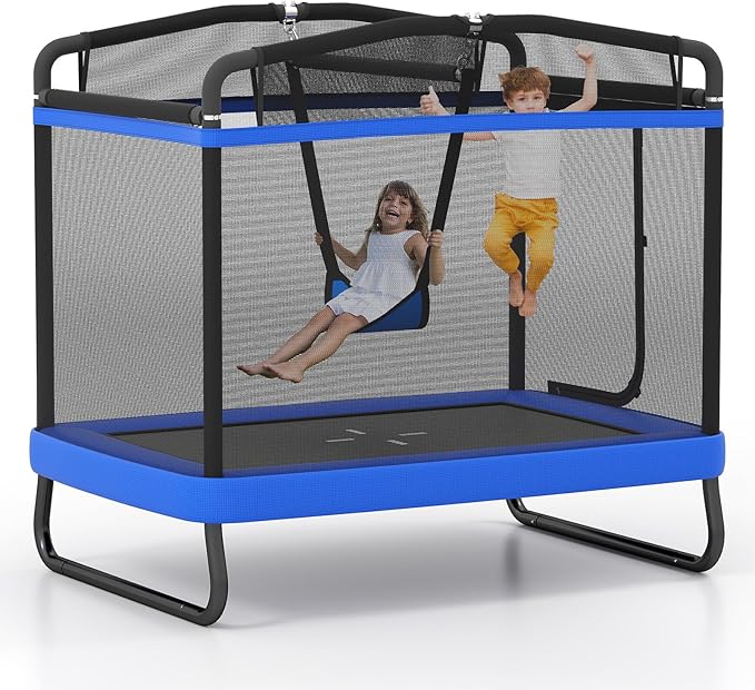 Goplus 6 x 4 FT Rectangle Trampoline for Kids, Indoor Outdoor Toddler Trampoline with Swing, Gymnastics Bar & Safety Enclosure Net, ASTM Approved Gift for Children Boys Girls