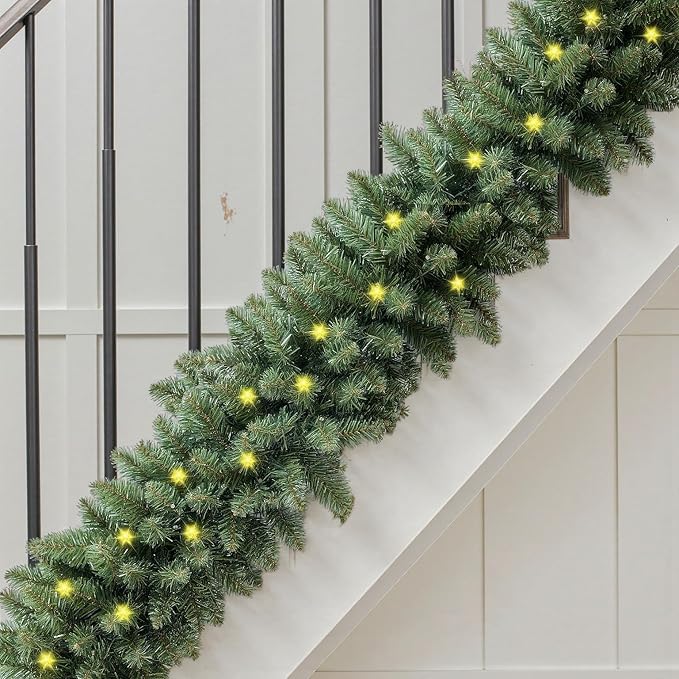9FT Pre-Lit Artificial Christmas Garland with 50 White Light, Pulg in, Holiday Decorations Garland, Mantle for Indoor Holiday Door Home Decorations Stairs Fireplaces Wall