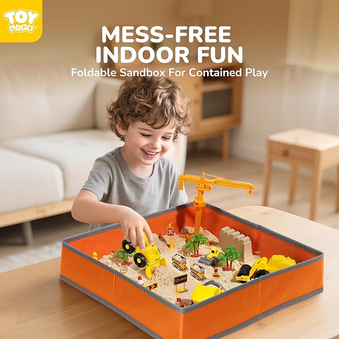 TOY Life 38 Pcs Sand Construction Kit with Big Foldable Sandbox with 2.2Ibs Magic Sand, Trucks, Castle Molds & Beach-Side Mat ? Indoor Sandbox Toy Construction Sensory Bins for Toddlers