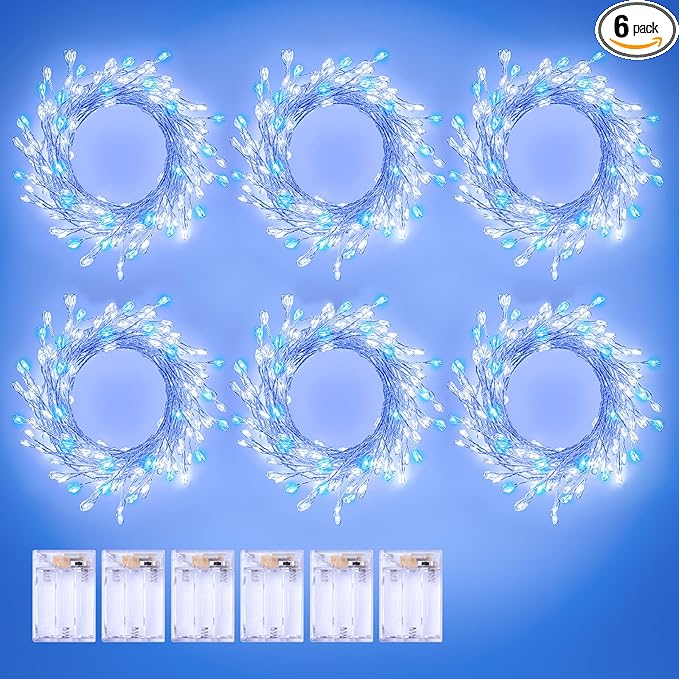 6 Pack 120LED Fairy Lights Battery Operated, 10Ft Twinkle Lights with Timer, Waterproof Silver Wire Starry Firefly Light for DIY Wreath Weeding Indoor Outdoor Christmas Decorations